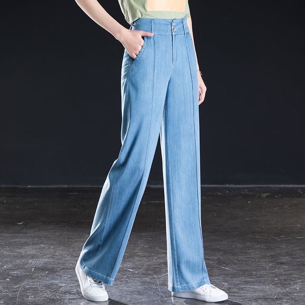 women wide leg pants high waist casual loose full length jeans for summer two button, Blue
