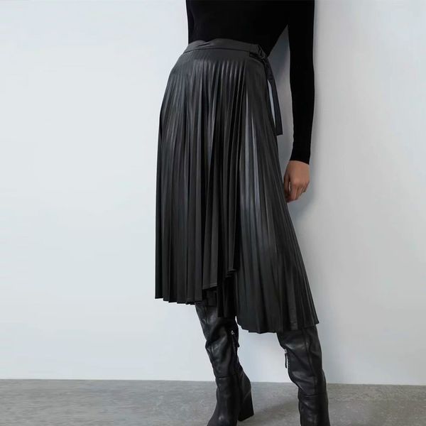 

aprilgrass бренд дизайнер искусственная кожа юбки женские высокая талия плиссированные юбки зима лук шикарный черный длинная юбка femme улич, Black