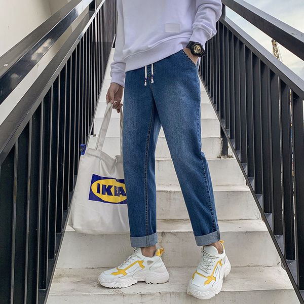 men's jeans 2021 spring and autumn youth solid color elastic stretch drawstring fashion casual straight cropped pants, Blue
men's jeans 2021 spring and autumn youth solid color elastic stretch drawstring fashion casual straight cropped pants, Blue