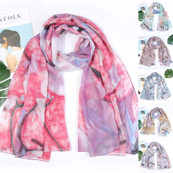 

floral print retro head neck silk satin scarf shawl women ladies ink print chiffon scarf wrap shawls headband soft long, Blue;gray