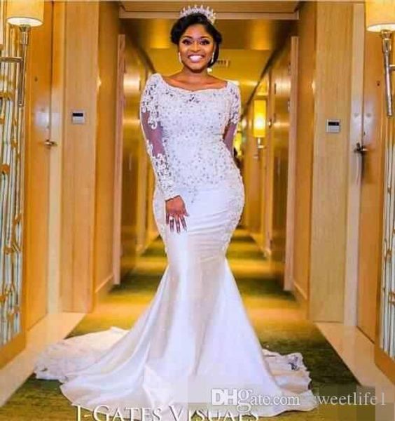 2020 nigerian wedding dresses sweetheart neckline with sheer lace appliqued long sleeves chapel train length african black girl bridal gown, White
2020 nigerian wedding dresses sweetheart neckline with sheer lace appliqued long sleeves chapel train length african black girl bridal gown, White