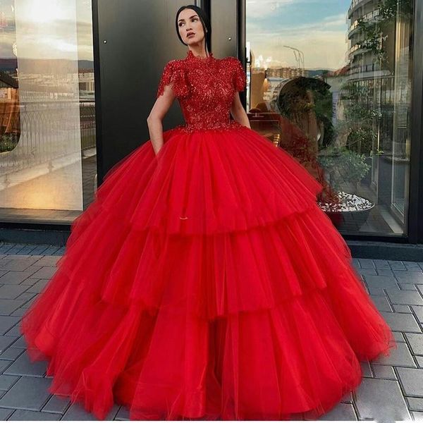red tiered skirt prom dresses high neck short sleeve ball gown celebrity evening gowns floor length tulle cake skirt formal party wear, Black
red tiered skirt prom dresses high neck short sleeve ball gown celebrity evening gowns floor length tulle cake skirt formal party wear, Black