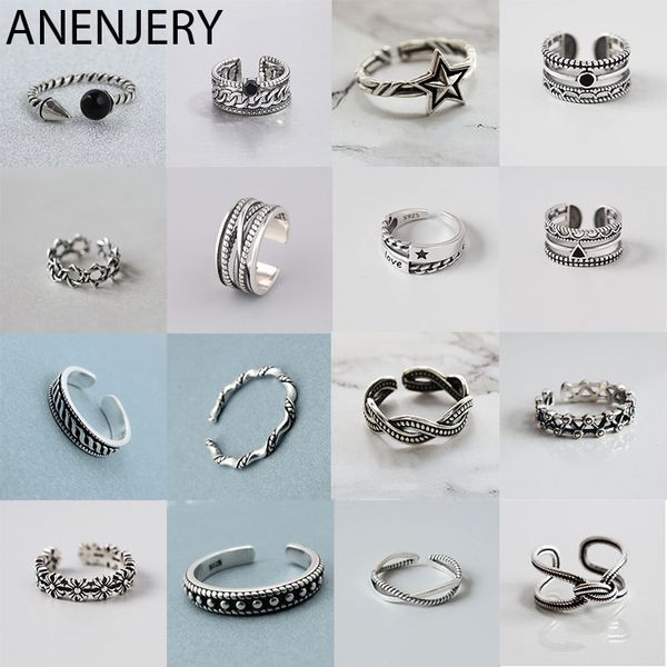 

anenjery vintage handmade 925 sterling silver rings for men women size 18mm adjustable thai silver rings personality s-r445, Golden;silver