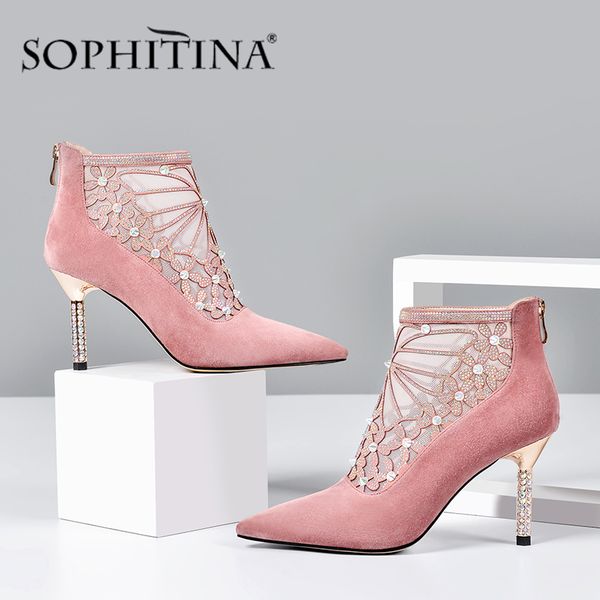 new elegant women boots patchwork flower design ankle pointed toe super high thin heels shoes boots po440, Black