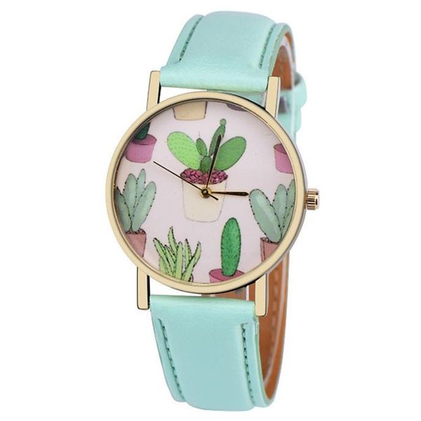 women watches cactus potted plant pu leather band analog quartz vogue wrist watch fashion casual unique creative gift watches, Slivery;brown