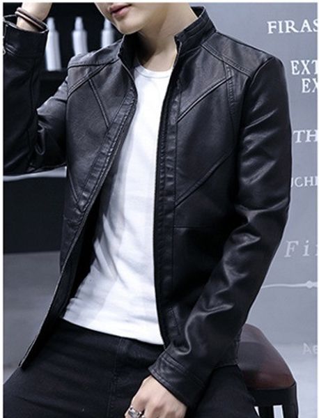 autumn and winter new men's men's casual leather coat, men's coat, slim tide, suit, pu leather jacket, Black