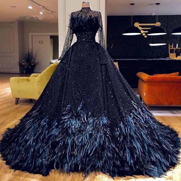 navy blue crystal beaded evening dresses with feather illusion high neck long sleeves saudi arabic prom gowns robe de soiree, Black
navy blue crystal beaded evening dresses with feather illusion high neck long sleeves saudi arabic prom gowns robe de soiree, Black
