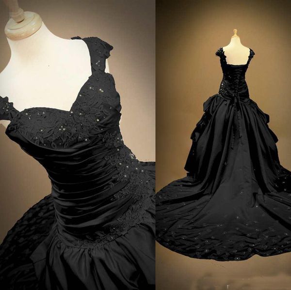 black gothic wedding dresses lace applique pleats cap sleeves beads lace up back chapel train bridal gown black wedding gowns, White
black gothic wedding dresses lace applique pleats cap sleeves beads lace up back chapel train bridal gown black wedding gowns, White