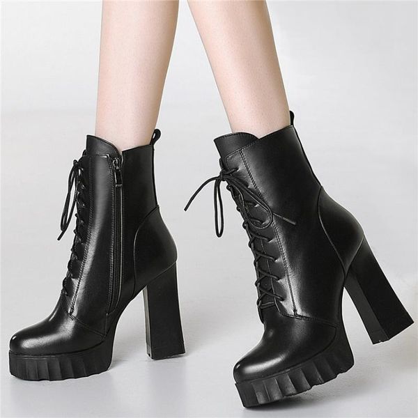 women lace up cow leather rough high heels ankle boots high winter warm platform pumps shoes round toe punk goth creepers, Black
women lace up cow leather rough high heels ankle boots high winter warm platform pumps shoes round toe punk goth creepers, Black