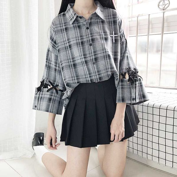 women gray black plaid blouse coat bandage hollow out harajuku style cool handsome outwear splice vintag jacket preppy style, White 
women gray black plaid blouse coat bandage hollow out harajuku style cool handsome outwear splice vintag jacket preppy style, White