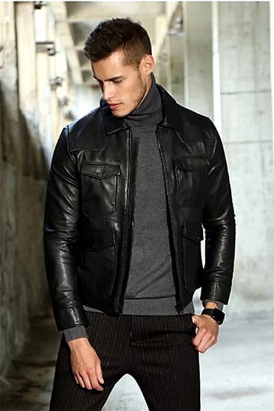 head sheepskin skinny leather jacket short men's jacket ing, Black