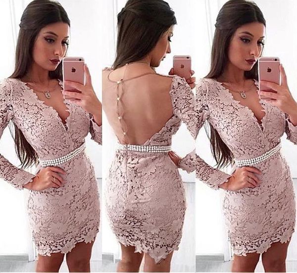 2020 lace mini cocktail dresses with beaded sheer v neck club wear dress see through buttons back party special gowns, Black
2020 lace mini cocktail dresses with beaded sheer v neck club wear dress see through buttons back party special gowns, Black