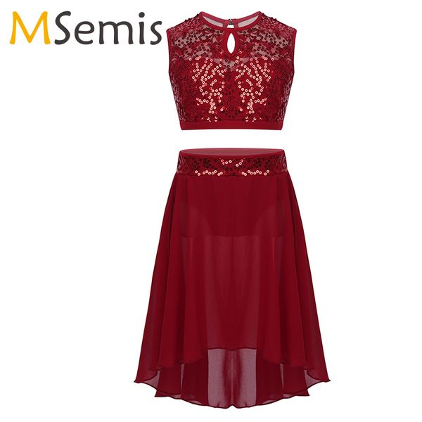 girls lyrical dance costumes ballet dress sleeveless sequined crop with dipped hem chiffon skirt set for celebration dancing, Black;red
girls lyrical dance costumes ballet dress sleeveless sequined crop with dipped hem chiffon skirt set for celebration dancing, Black;red
