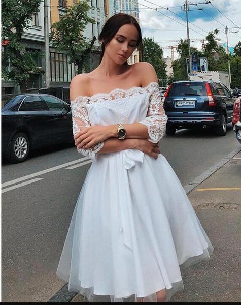cute knee length off the shoulder wedding dresses lace applique illusion sleeves tulle bows wedding dress bridal gowns new, White
cute knee length off the shoulder wedding dresses lace applique illusion sleeves tulle bows wedding dress bridal gowns new, White
