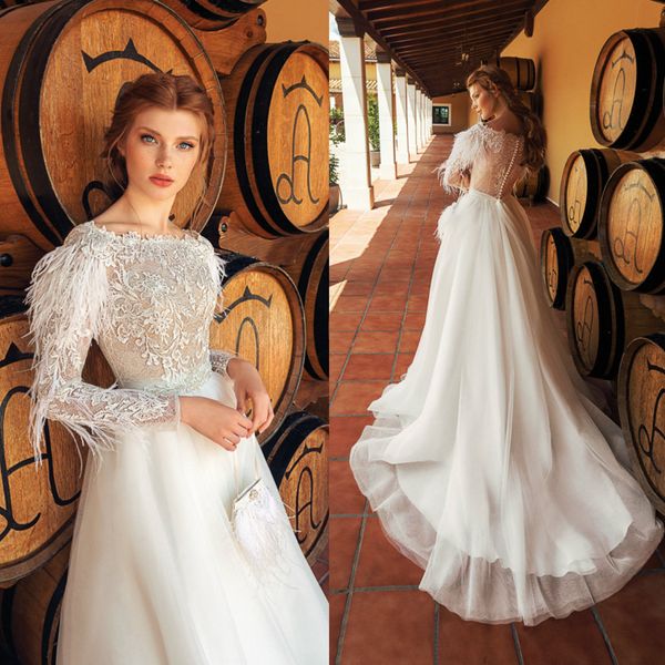 2020 lace wedding dresses jewel long sleeves appliques feather bridal gowns button back sweep train a line wedding dress robe de mariee, White
2020 lace wedding dresses jewel long sleeves appliques feather bridal gowns button back sweep train a line wedding dress robe de mariee, White