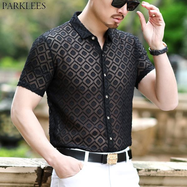 plaid transparent shirt men 2020 new slim fit lace shirts mens see through fishnet clubwewar blouse 3xl, White;black