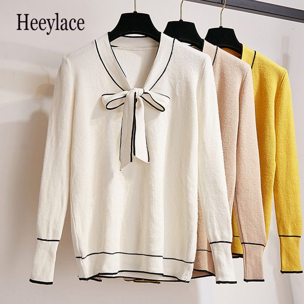 autumn winter casual bow tie knitted women sweater elegant office lady loose slim v neck long sleeve warm solid pullovers, White;black
autumn winter casual bow tie knitted women sweater elegant office lady loose slim v neck long sleeve warm solid pullovers, White;black