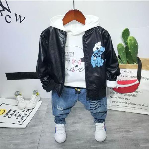 boys clothing suit cartoon animal imitation leather jacket + hooded sweater + jeans 3 piece set children's boy clothes suit, White
boys clothing suit cartoon animal imitation leather jacket + hooded sweater + jeans 3 piece set children's boy clothes suit, White
