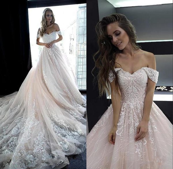 pale pink off shoulder wedding dresses lace appliques sequins a line bridal gown vestido de novia bc2044, White
pale pink off shoulder wedding dresses lace appliques sequins a line bridal gown vestido de novia bc2044, White