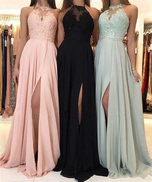 new elegant halter black chiffon long bridesmaid dresses lace applique split wedding guest dress maid of honor dresses, White;pink
new elegant halter black chiffon long bridesmaid dresses lace applique split wedding guest dress maid of honor dresses, White;pink