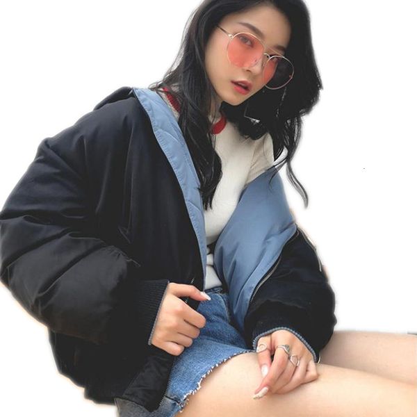 new style two side to wear winter women jackets 2019 fashion streetwear down cotton jacket loose long sleeve winter coats q807 y190926, Black;white 
new style two side to wear winter women jackets 2019 fashion streetwear down cotton jacket loose long sleeve winter coats q807 y190926, Black;white