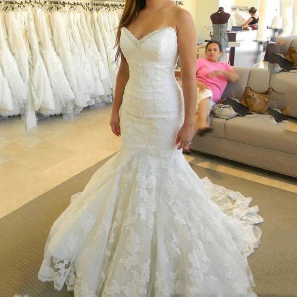custom strapless lace mermaid wedding dresses 2020 with appiques sweetheart beaded sweep train lace up tulle wedding bridal gowns, White
custom strapless lace mermaid wedding dresses 2020 with appiques sweetheart beaded sweep train lace up tulle wedding bridal gowns, White