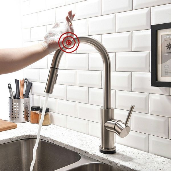 

Nickle Brushed Brass Smart Touch Sense Control Kitchen Faucet Double Flow Setting Pause Button Pull Out Sink Mixer Water Tap