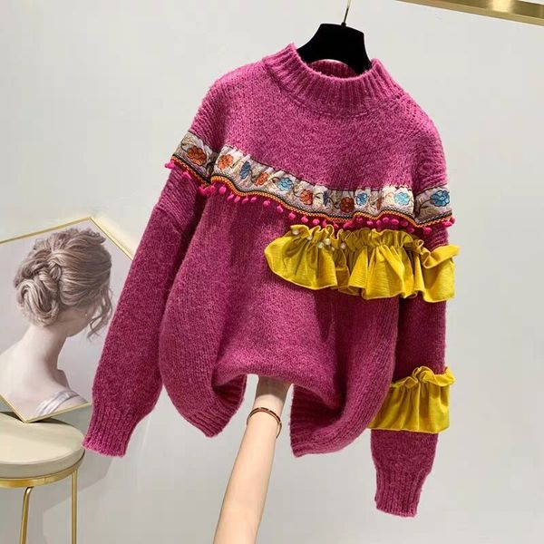 high collar pullover female 2019 autumn and winter new loose very thick needle sweater ruffles beading pullover, White;black
high collar pullover female 2019 autumn and winter new loose very thick needle sweater ruffles beading pullover, White;black