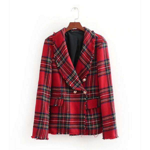 women plaid notched collar tweed blazer double breasted pockets tassel hem female loose casual outwear chic, White;black
women plaid notched collar tweed blazer double breasted pockets tassel hem female loose casual outwear chic, White;black