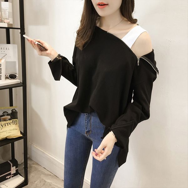 2019 women's t- t-shirt harajufeng student bf shoulder open fork long sleeve women's base shirt, White
2019 women's t- t-shirt harajufeng student bf shoulder open fork long sleeve women's base shirt, White