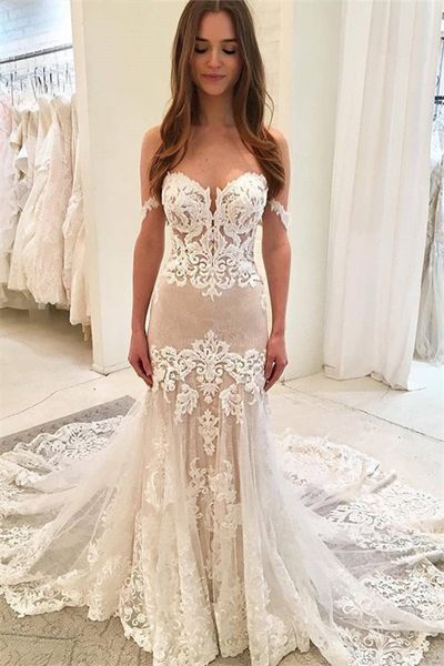 elegant off the shoulder mermaid wedding dresses 2019 lace applique sweep train beach garden bridal informal dress, White
elegant off the shoulder mermaid wedding dresses 2019 lace applique sweep train beach garden bridal informal dress, White