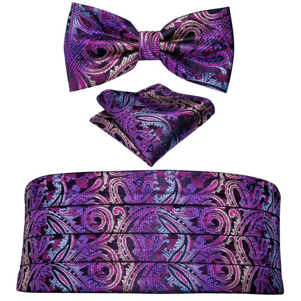 hi-tie mens cummerbunds silk purple woven paisley pattern fashion bow tie hanky set formal business wedding, Silver 
hi-tie mens cummerbunds silk purple woven paisley pattern fashion bow tie hanky set formal business wedding, Silver