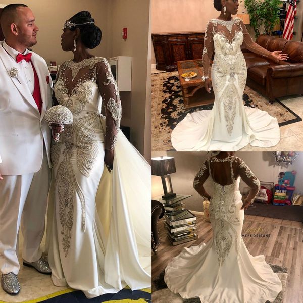 arabic luxurious mermaid wedding dresses with detachable train beaded crystals long sleeves bridal dresses plus size wedding gowns, White
arabic luxurious mermaid wedding dresses with detachable train beaded crystals long sleeves bridal dresses plus size wedding gowns, White