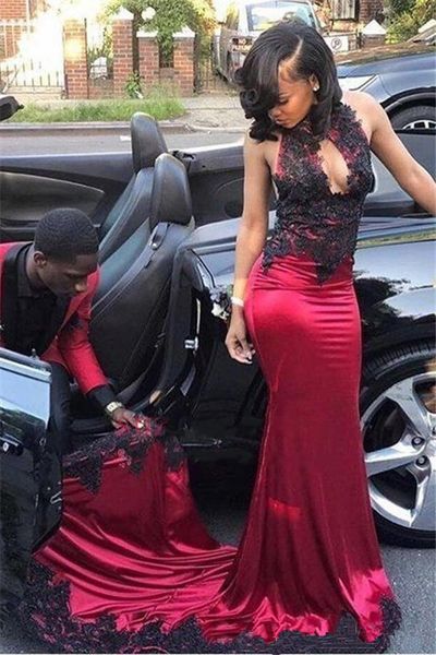 2019 arabic dubai elegant halter satin mermaid long prom dresses lace appliques sweep train party dresses long formal evening party gowns, Black;red
2019 arabic dubai elegant halter satin mermaid long prom dresses lace appliques sweep train party dresses long formal evening party gowns, Black;red
