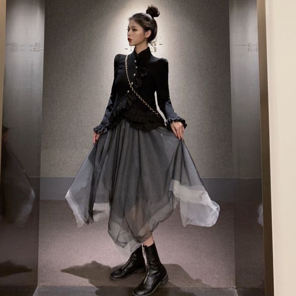 2020 new french retro ruffled stand collar high waist slim irregular gauze skirt two-piece suit women, Black;pink
2020 new french retro ruffled stand collar high waist slim irregular gauze skirt two-piece suit women, Black;pink