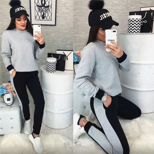 

brand womens designer tracksuits fashion panelled long sleeve long pants womens 2pcs sets casual females clothing, Gray