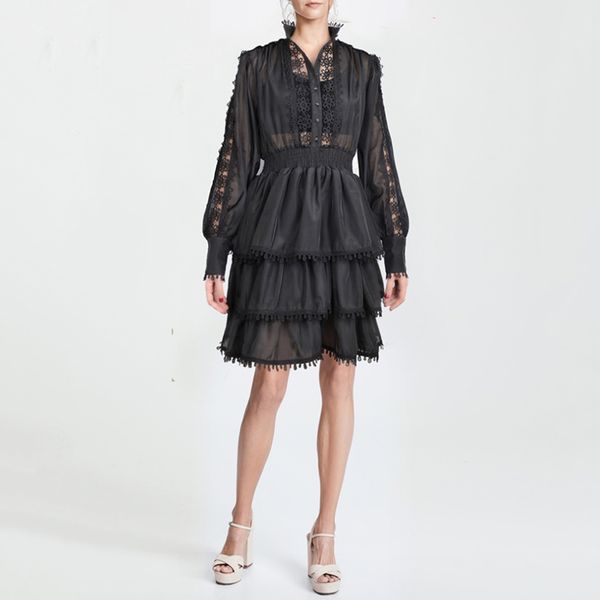2020 white and black patchwork lace hollow out dresses women stand collar lantern long sleeve dress female spring korean fashion, Black;gray
2020 white and black patchwork lace hollow out dresses women stand collar lantern long sleeve dress female spring korean fashion, Black;gray
