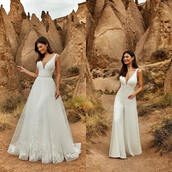 eddy k bridal jumpsuit with detachable dress deep v neck satin lace appliqued beach wedding dresses custom made, White
eddy k bridal jumpsuit with detachable dress deep v neck satin lace appliqued beach wedding dresses custom made, White