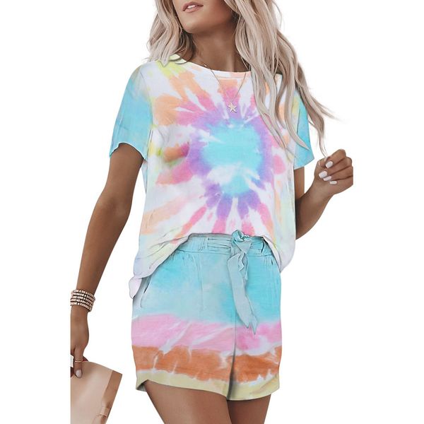 summer women's tie dye casual outfits crewneck short sleeve 2 piece short set pajamas home set, White
summer women's tie dye casual outfits crewneck short sleeve 2 piece short set pajamas home set, White