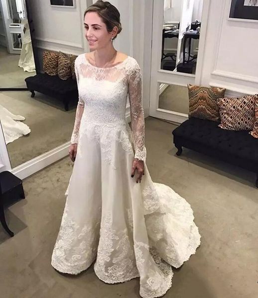 elegant lace long sleeves wedding dresses sheer neck sweep train a line appliques bridal gowns custom made, White
elegant lace long sleeves wedding dresses sheer neck sweep train a line appliques bridal gowns custom made, White
