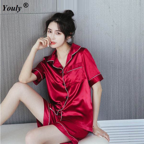 women's sleepwear turn-down collar short sleeve pajamas sets 2021 summer solid women and shorts casual homewear pajama suit set, Black;red
women's sleepwear turn-down collar short sleeve pajamas sets 2021 summer solid women and shorts casual homewear pajama suit set, Black;red
