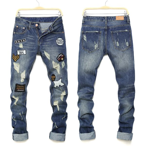 

men's fashion designer brand high street jeans skinny ripped stretch slim slim hip-hop pants perforated men's jeans, Blue