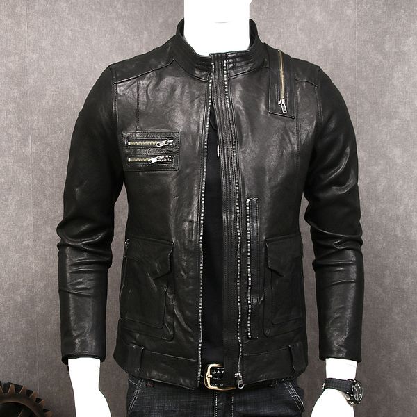 new vegetable tanned goatskin men's genuine leather jacket short slim fit stand collar casual simple pop leather jacket male, Black
new vegetable tanned goatskin men's genuine leather jacket short slim fit stand collar casual simple pop leather jacket male, Black