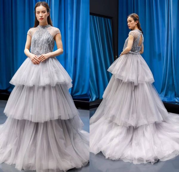 tulle tiered prom dresses sheer high neck ball gowns sleeves party dresses full beading sweep train formal mother's dress, Black
tulle tiered prom dresses sheer high neck ball gowns sleeves party dresses full beading sweep train formal mother's dress, Black