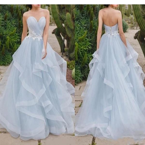 2020 skye blue prom dresses a line sweetheart neck with white lace ruffles train corset back boho beach bridal formal evening party gowns, Black
2020 skye blue prom dresses a line sweetheart neck with white lace ruffles train corset back boho beach bridal formal evening party gowns, Black