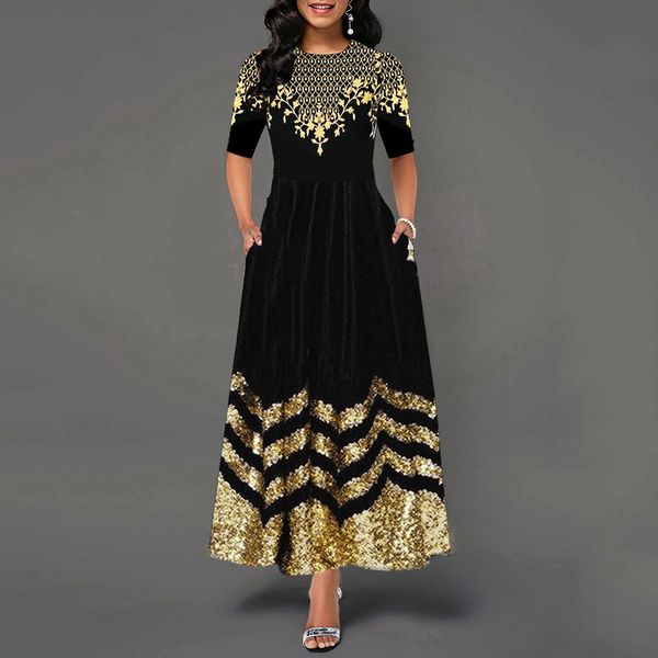 women round neck boho dress half sleeve female elegant vintage floral printed a line pocket black maxi dresses robe femme 2019, Black;pink 
women round neck boho dress half sleeve female elegant vintage floral printed a line pocket black maxi dresses robe femme 2019, Black;pink