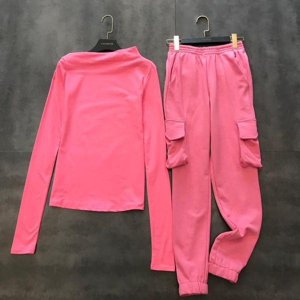 2019 winter new solid color oblique shoulder bottoming shirt + double pocket sweat pants two-piece suit tide, White
2019 winter new solid color oblique shoulder bottoming shirt + double pocket sweat pants two-piece suit tide, White