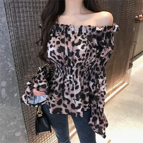 women autumn leopard blouses off shoulder flare sleeve casual slash neck silm shirts, White
women autumn leopard blouses off shoulder flare sleeve casual slash neck silm shirts, White