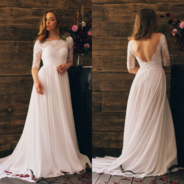 vintage half sleeve chiffon wedding dresses lace appliques floor length backless beach wedding gowns plus size bridal gown, White
vintage half sleeve chiffon wedding dresses lace appliques floor length backless beach wedding gowns plus size bridal gown, White