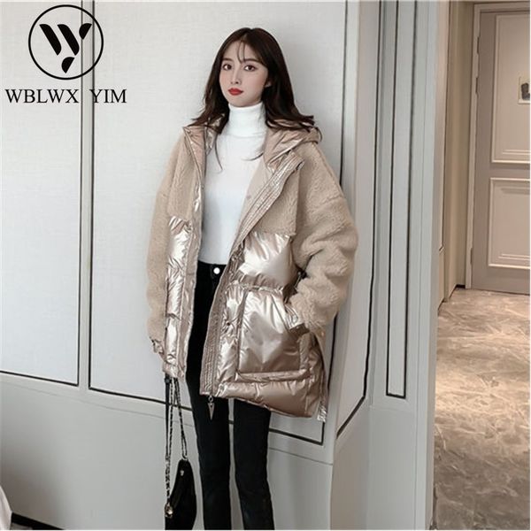 lambswool splice winter jacket women thick warm hooded cotton coat fashion glossy padded parkas female overcoat, Black
lambswool splice winter jacket women thick warm hooded cotton coat fashion glossy padded parkas female overcoat, Black